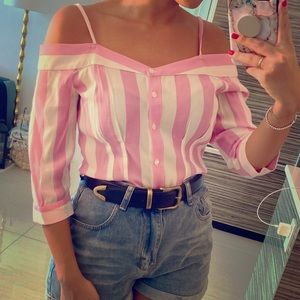 Super Cute Off the Shoulder Pink/White Stripe Top!